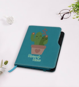 BK Gift Kişiye Özel Kaktüs Tasarımlı Turkuaz Termo Deri Defter-11