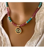 Turkuaz & Çilek Kuvars Nazar Kolye (Pembe)