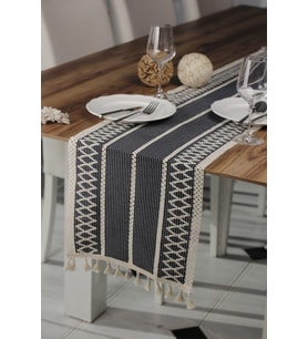 Örme Masa Örtüsü Püsküllü Runner Lacivert Masa Örtüsü Organik Pamuk Runner  35x145 Cm Masa Üstü Lacivert Runner