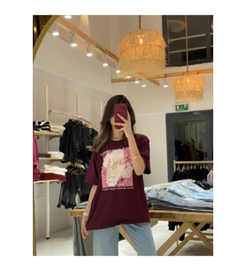 Bordo İncili Baskılı Tişört