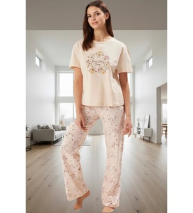 Kadın Ayıcıklı Kalpli Pamuklu Pijama Takımı Rahat Ev Giyim Seti Dayanıklı Malzeme (Pembe)