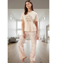 Kadın Ayıcıklı Kalpli Pamuklu Pijama Takımı Rahat Ev Giyim Seti Dayanıklı Malzeme (Pembe)