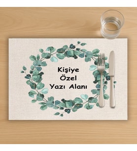 Kişiye Özel Yeşil Yaprak Çember Yazılı Mesajlı  Amerikan Servis, Tabak Altlığı & Ev Hediyesi, 2 Adet (Krem)