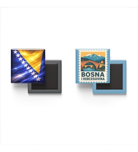 Buzdolap Magnetleri - Bosna-Hersek Bayrağı ve Saraybosna Posta Pulu Tema - 2'li Set Magneti