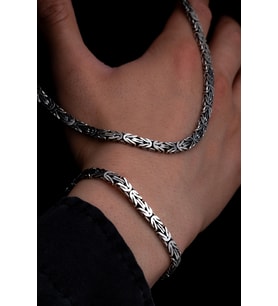 Erkek Gümüş Kolye Bileklik Set - 5.5mm Dikdörtgen Kesim Yassı Kral Gümüş Kolye Bileklik Set