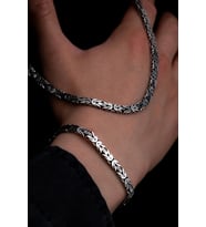 Erkek Gümüş Kolye Bileklik Set - 5.5mm Dikdörtgen Kesim Yassı Kral Gümüş Kolye Bileklik Set