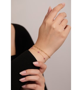 925 Ayar Gümüş Zarif Pembe Taşlı Minimal - Bağlantılı Kalpler Zincir Bileklik İkili Set