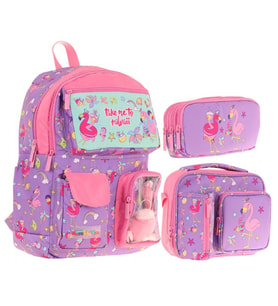 Kaukko Kids Kız Çocuk İlkokul Okul Çantası Seti - Peluş Flamingolu - Mor Pembe (L5240+L7240+L8240)