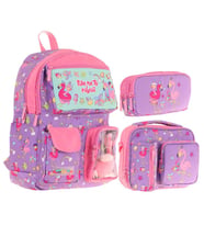 Kaukko Kids Kız Çocuk İlkokul Okul Çantası Seti - Peluş Flamingolu - Mor Pembe (L5240+L7240+L8240)