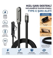 240W Hızlı Şarj Destekli Katlanabilir Telefon Standlı Örgülü Type-C to Type-C Şarj Kablosu (5690)