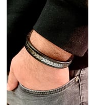 %100 Deri ve Orjinal Hematit Kombinli Erkek Bileklik Boyut NET 22 cm (Türk El Üretimi) (Siyah)