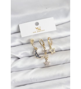 Pirinç Gold Renk Zirkon Taşlı Ay ve Yıldız Model YSX Trio Küpe Seti - TJ-BKP11574