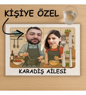 Kişiye Özel Karikatürlü Mutfak Tasarımlı Amerikan Servis, Tabak Altlığı &  Ev Hediyesi, 2 Adet (Krem)