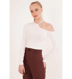 23254279 Kaşkorse Tek Omuz Yaka İpli Crop Bluz BEYAZ