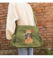 Killer Cat Baskılı Unisex Yeşil Postacı Çantası