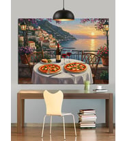 Deniz Manzaralı İtalyan Pizza Masası Dekoratif Kanvas - Mdf Ahşap Tablo