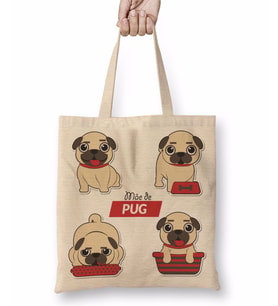 Mae De Pug Köpek Bez Çanta Uzun Saplı