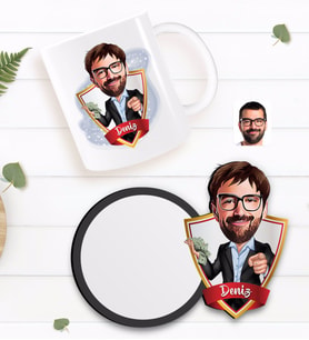 BK Gift Kişiye Özel Erkek Milyoner Karikatürlü Beyaz Kupa ve Ahşap Bardak Altlığı Hediye Seti-1