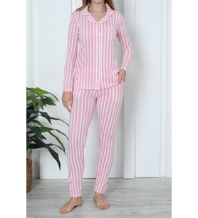 Kadın Pijama Uzun Kollu Düğmeli Pijama Takımı Cepli Pamuk  PEMBE