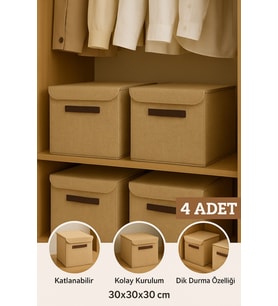 4lü Jüt Kapaklı Kumaş Dolap İçi Düzenleyici Kutu - 30x30x30 cm Katlanabilir Saklama Kutusu (Standart)