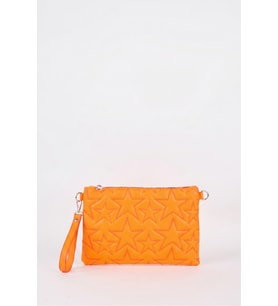 Kadın Neon Turuncu Yıldız Nakışlı Suni Deri Bilek Ve Zincir Askılı Portföy El Ve Clutch Çanta