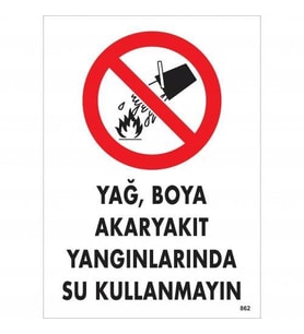 Yağ Boya Akaryakıt Yağlarında Su Kullanmayın Uyarı Levhası 25x35 KOD:862