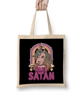 Funny Hail Satan Unicorn Rainbow Satanic Pun Bez Çanta Uzun Saplı