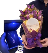 Led Işıklı Aynalı Kelebek Buketi ve Işıklı Premium Kutusunda 925 Ayar Gümüş Kolye (Model 7)