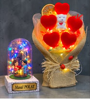 Kişiye Özel Hediye Seti Renkli Led Işıklı Fanus ve Led Işıklı Kalp Buketi (Model 1)