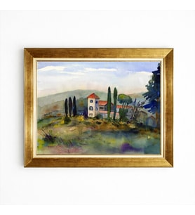 Tablore Gold Çerçeveli Akdeniz Evi Ve Doğa Manzaralı Suluboya Tarzı Salon Duvar Tablosu