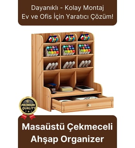 Premium Demonte Ev Ofis Masaüstü Çapraz 9 Bölmeli Kalemlik Çekmeceli Ahşap Organizer Düzenleyici
