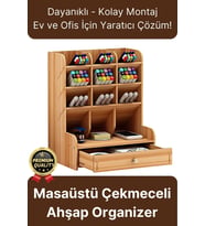 Premium Demonte Ev Ofis Masaüstü Çapraz 9 Bölmeli Kalemlik Çekmeceli Ahşap Organizer Düzenleyici