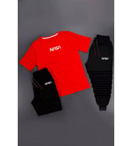 3'lü Unisex Nasa Baskılı Eşofman Takımı Kombini (A.Kırmızı)