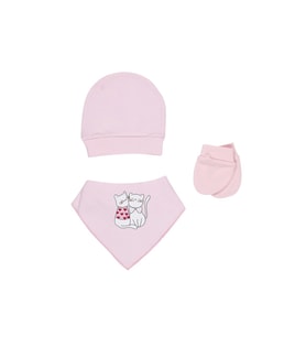 Yenidoğan Bebek Şapka Eldiven Fular önlük 3 Lü Set (Pembe)