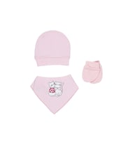 Yenidoğan Bebek Şapka Eldiven Fular önlük 3 Lü Set (Pembe)