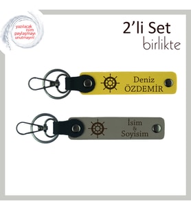 Sevgiliye Kişisel Yazılabilir Hediye, Gemi Dümeni Simgeli Deri Set, İsim Yazdırılabilir, Sarı-K Gri
