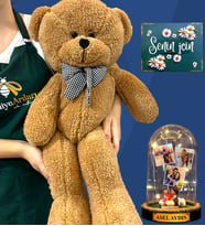 Kişiye Özel 3 Fotoğraflı, İsimli Led Işıklı Fanus ve Büyük Boy Kahve Peluş Ayıcık (Model 10)