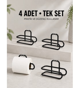 Duvara Yapışkanlı WC Kağıtlık Siyah Metal 4 Adet Tuvalet Kağıdı Rulo Askısı