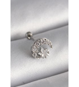 316L Çelik Gümüş Renk Zirkon Taşlı Ay Yıldız Tragus Piercing 5886