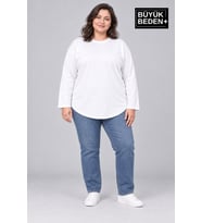 Süperlife Kadın Büyük Beden Bisiklet Yaka Süprem İnce Uzun Kollu Oval Etek Tişört SPR26BTSK943