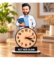 Erkek Öğretmen Temalı Kişiye Özel Karikatürlü 18 cm MDF Dikey Masa Saati - Öğretmen Hediyesi Öğretmenler Günü Hediyesi