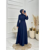 Neşeli butik kadın bağlama detaylı jakarlı tesettür elbise NMS044