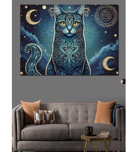 Gece Mavisi Desenli Mistik Kedi Dekoratif Kanvas - Mdf Ahşap Tablo