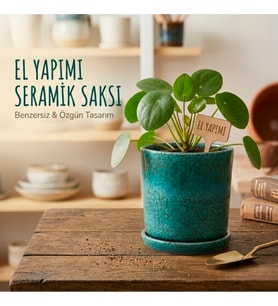 NeWme El Yapımı Seramik Saksı & Altlık Seti Doğal Turkuaz Efektli – Dekoratif ve Fonksiyonel Tasarım - 10 cm
