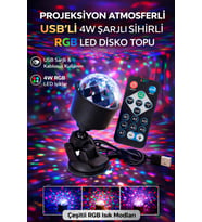 RGB LED Disko Topu USB Şarjlı Projeksiyon Işığı 360° Döner Renkli Parti Atmosfer Lambası