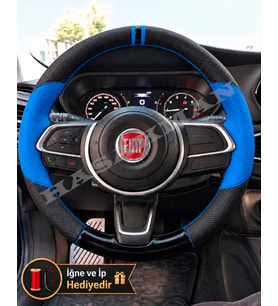 Fiat Fiorino Dikme Direksiyon Kılıfı Delikli Deri Parlak Siyah Mavi Detay Çift Yüzük ve Dikiş 2022-2026
