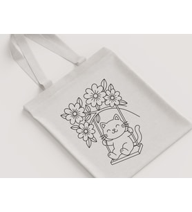 Salıncakta Kedi Çiçekli Desenli Kız Çocuk Omuz Çantası Hediyelik Boyanabilir Ham Bez Çanta