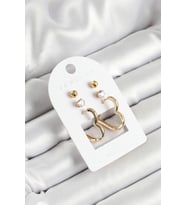 Pirinç Zirkon Taş Ve Kalp Figürlü Gold Renk 3'lü Çift Kadın Küpe Set 5886