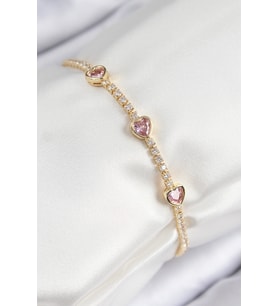 Pirinç Zirkon Taşlı Pembe Kalp Model Gold Renk Kadın Bileklik 5886 - SSSSSS4983-5793