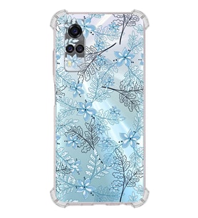 PrintiFy Vivo Y51 Uyumlu Köşe Korumalı Floral Mavi Tasarımlı Şeffaf Silikon Kılıf